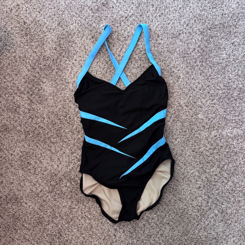 Carol Wior Slimsuit Black Light Blue Underwire Vintage Size 10 - Picture 2 of 11